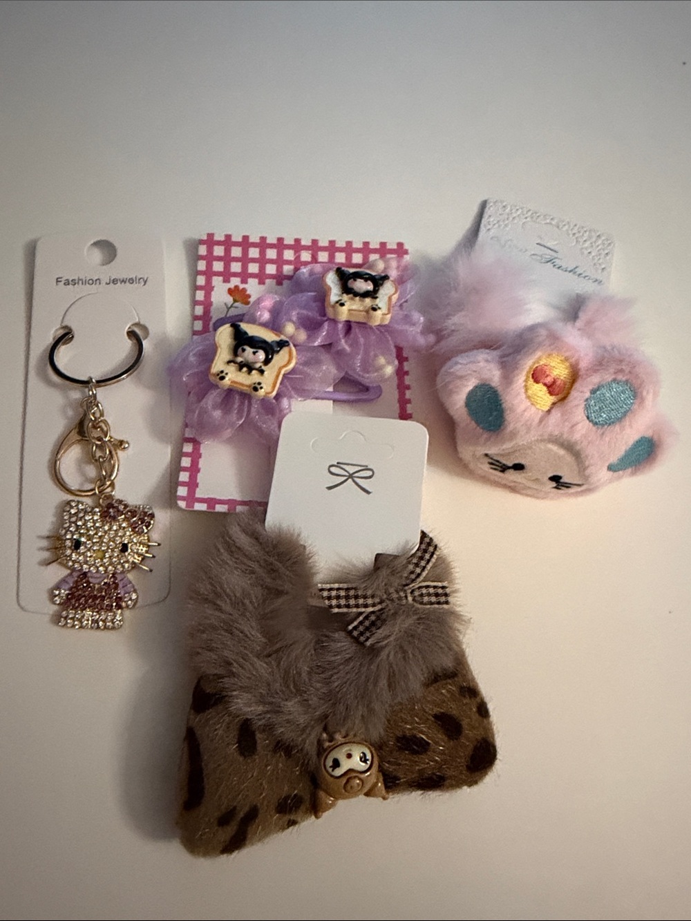 4 Hello Kitty Accessories - Hair Ties Hair Clips, HK Keychain